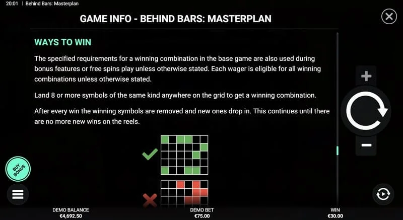 Behind Bars Masterplan - riepilogo delle linee e combinazioni vincenti